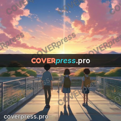 Shinkai style anime landscape: figures on a walkway at sunset
