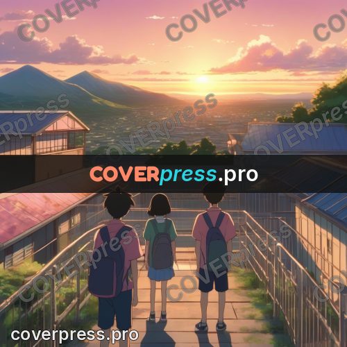 Shinkai style anime landscape: figures on a walkway at sunset