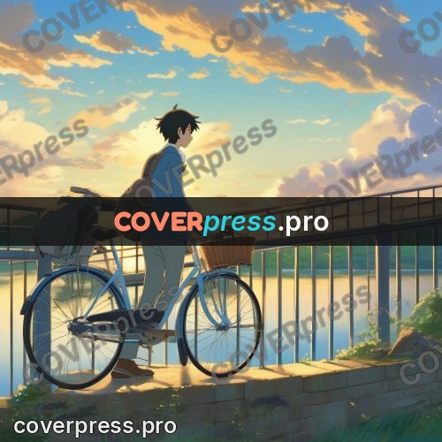 Shinkai style anime landscape: bicycle by a railing over water
