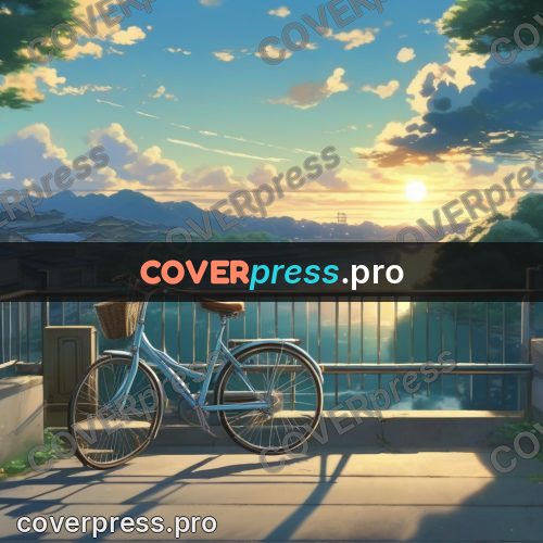 Shinkai style anime landscape: bicycle by a railing over water