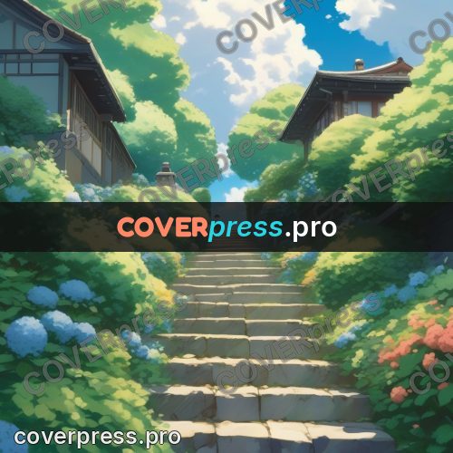 Shinkai style anime landscape: steps to a shrine among hydrangeas