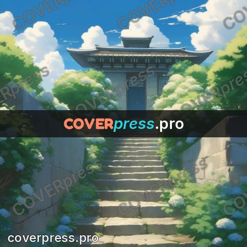 Shinkai style anime landscape: steps to a shrine among hydrangeas