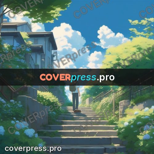 Shinkai style anime landscape: steps to a shrine among hydrangeas