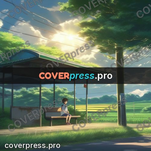 Shinkai style anime landscape: bus at a rural stop