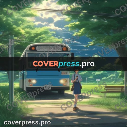 Shinkai style anime landscape: bus at a rural stop