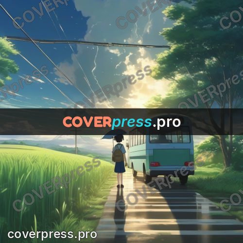 Shinkai style anime landscape: bus at a rural stop
