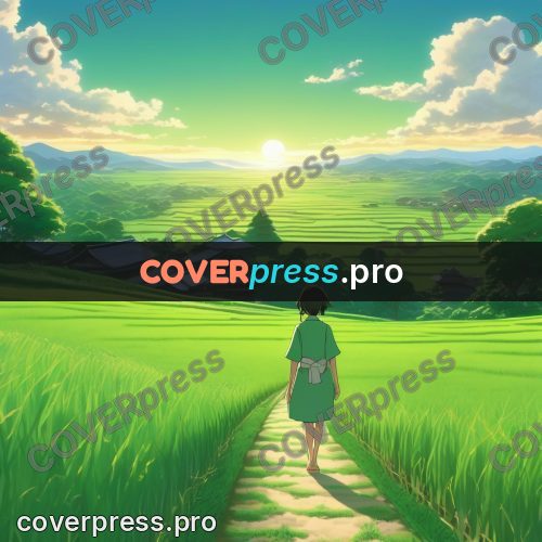 Shinkai style anime landscape: figure on a path among fields