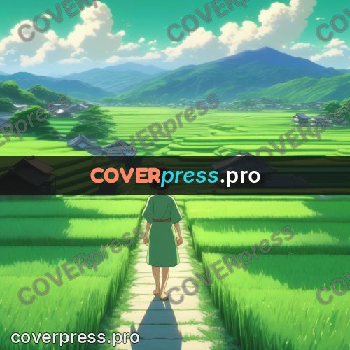 Shinkai style anime landscape: figure on a path among fields
