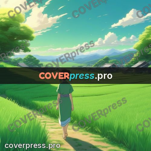 Shinkai style anime landscape: figure on a path among fields