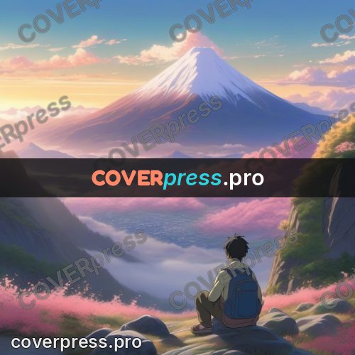 Shinkai style anime landscape: figure on a rock