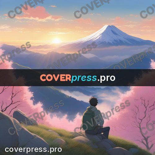 Shinkai style anime landscape: figure on a rock