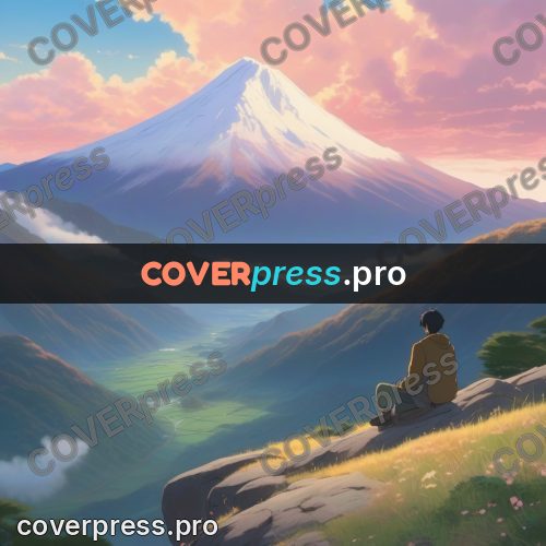 Shinkai style anime landscape: figure on a rock