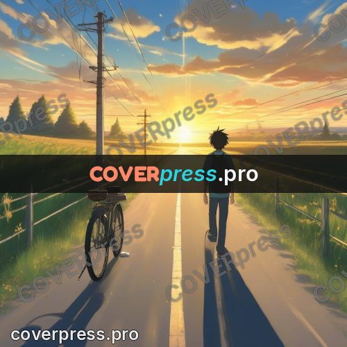 Shinkai style anime landscape: road to the sunset along poles