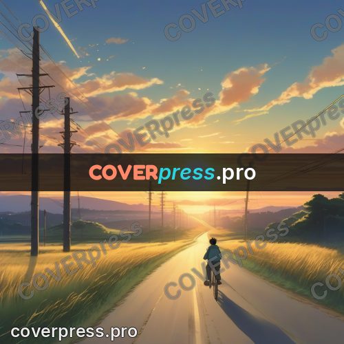Shinkai style anime landscape: road to the sunset along poles