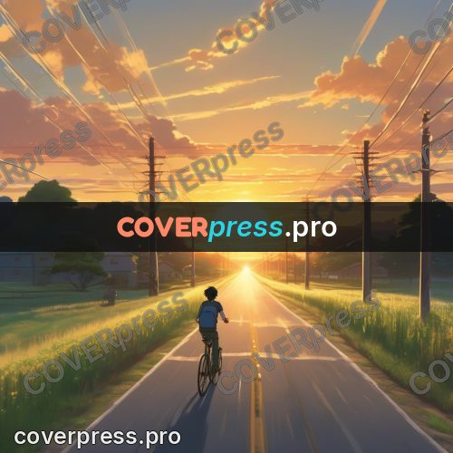 Shinkai style anime landscape: road to the sunset along poles