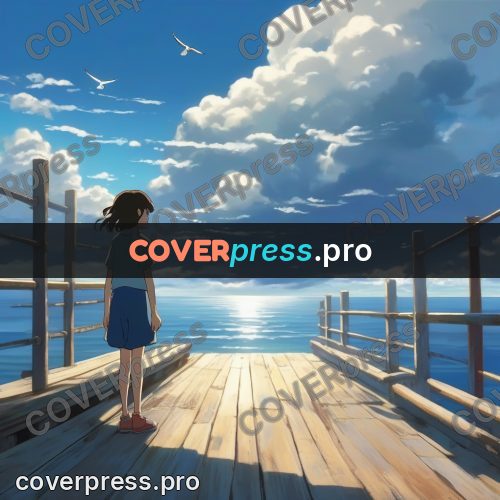 Shinkai style anime landscape: figure on a jetty under clouds