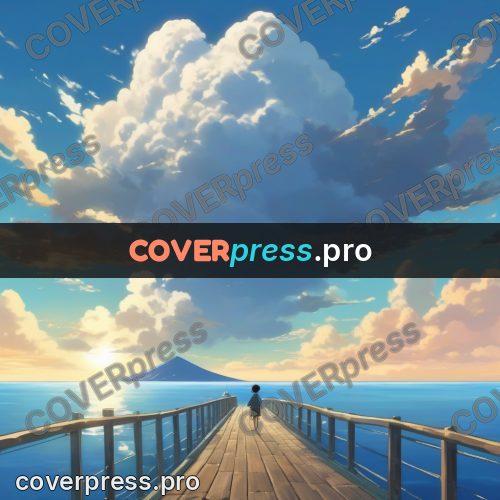 Shinkai style anime landscape: figure on a jetty under clouds