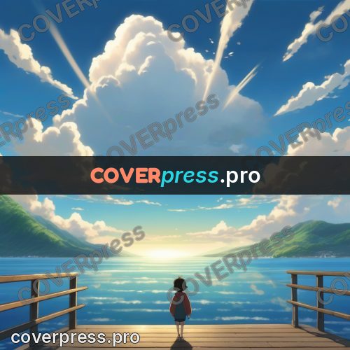 Shinkai style anime landscape: figure on a jetty under clouds