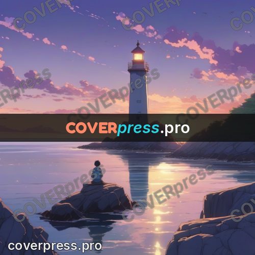 Shinkai style anime landscape: lighthouse above the sea at dusk