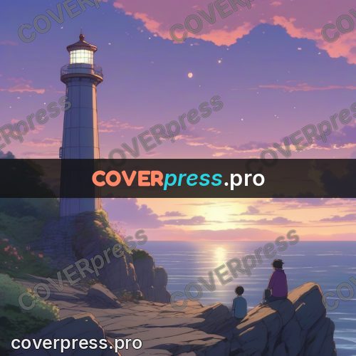 Shinkai style anime landscape: lighthouse above the sea at dusk