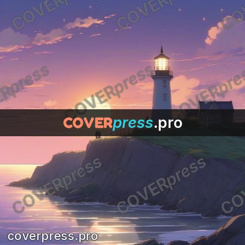Shinkai style anime landscape: lighthouse above the sea at dusk