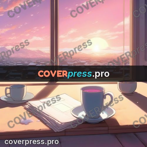 Shinkai style anime landscape: cup on a windowsill in winter
