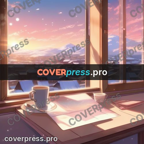 Shinkai style anime landscape: cup on a windowsill in winter