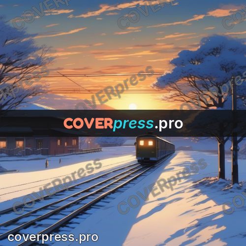 Shinkai style anime landscape: train on snowy rails