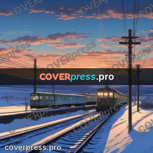 Shinkai style anime landscape: train on snowy rails