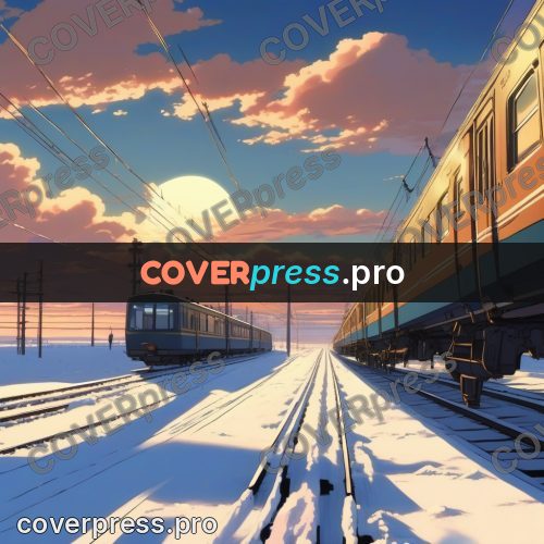 Shinkai style anime landscape: train on snowy rails