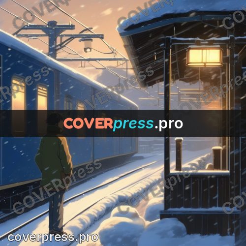 Shinkai style anime landscape: figure on a snowy platform