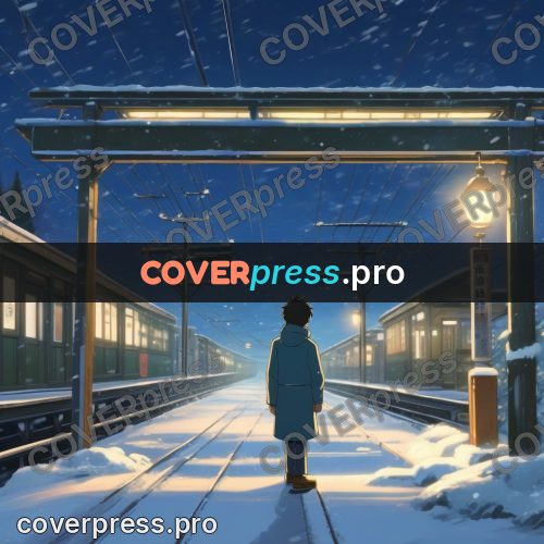 Shinkai style anime landscape: figure on a snowy platform