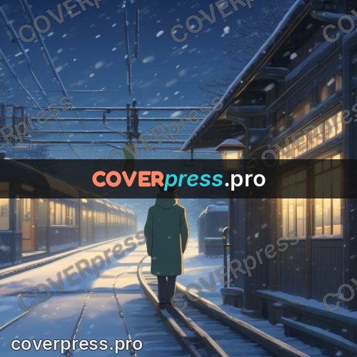 Shinkai style anime landscape: figure on a snowy platform