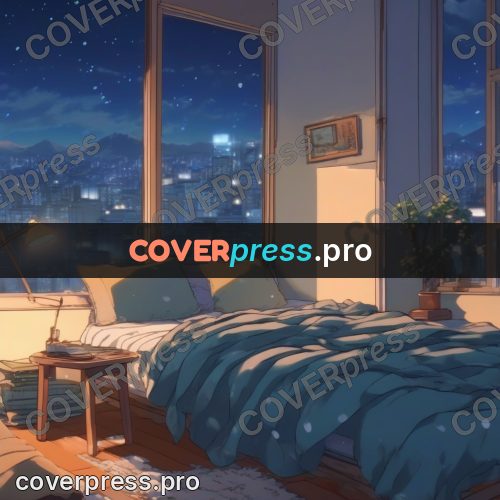 Shinkai style anime landscape: room with a city window
