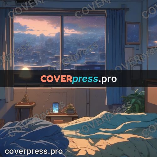 Shinkai style anime landscape: room with a city window