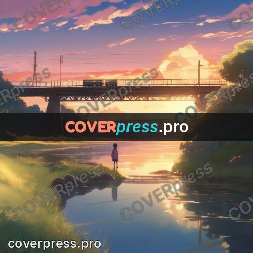 Shinkai style anime landscape: figure by water at sunset