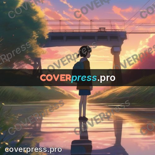 Shinkai style anime landscape: figure by water at sunset