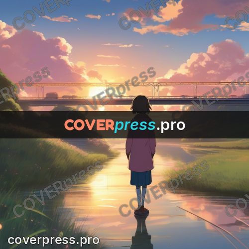 Shinkai style anime landscape: figure by water at sunset