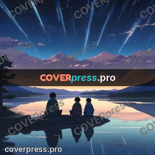 Shinkai style anime landscape: figures under falling stars