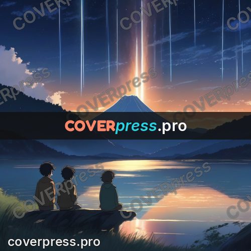 Shinkai style anime landscape: figures under falling stars
