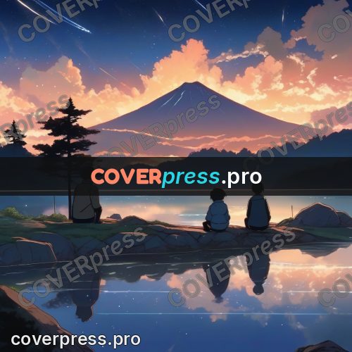 Shinkai style anime landscape: figures under falling stars