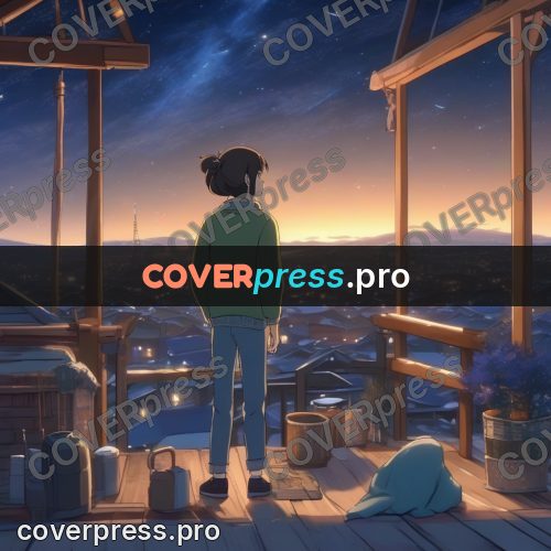 Shinkai style anime landscape: figure on a wooden balcony