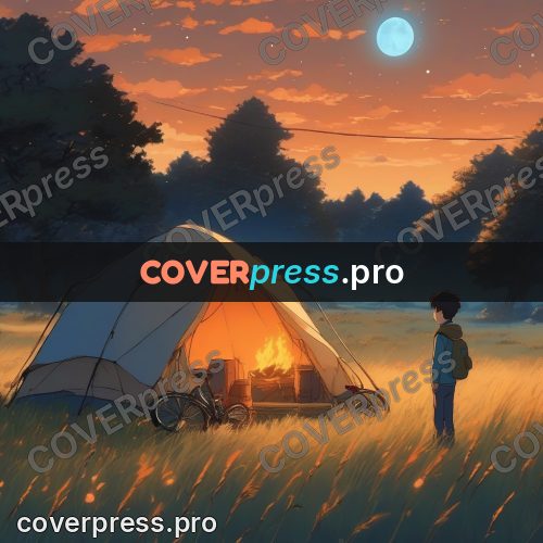 Shinkai style anime landscape: tent with a campfire at night