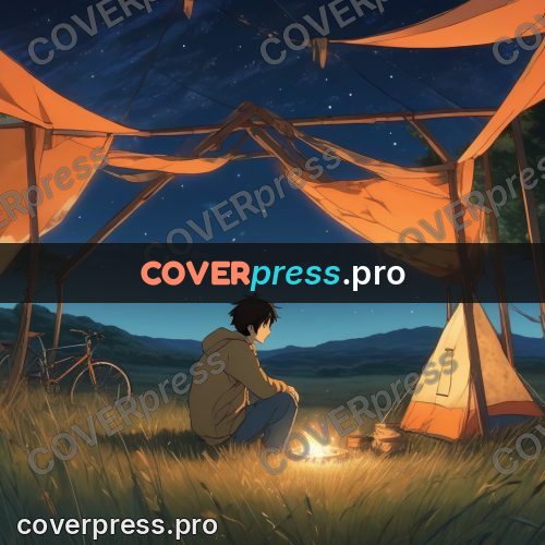 Shinkai style anime landscape: tent with a campfire at night