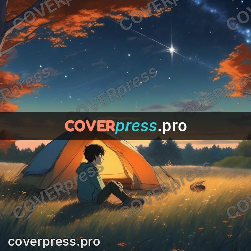 Shinkai style anime landscape: tent with a campfire at night