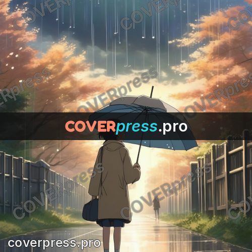 Shinkai style anime landscape: figure with a clear umbrella