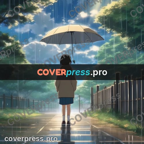 Shinkai style anime landscape: figure with a clear umbrella