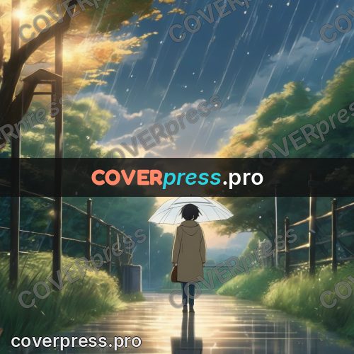 Shinkai style anime landscape: figure with a clear umbrella