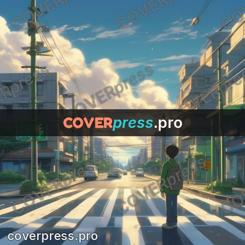 Shinkai style anime landscape: figure at a crossing under clouds