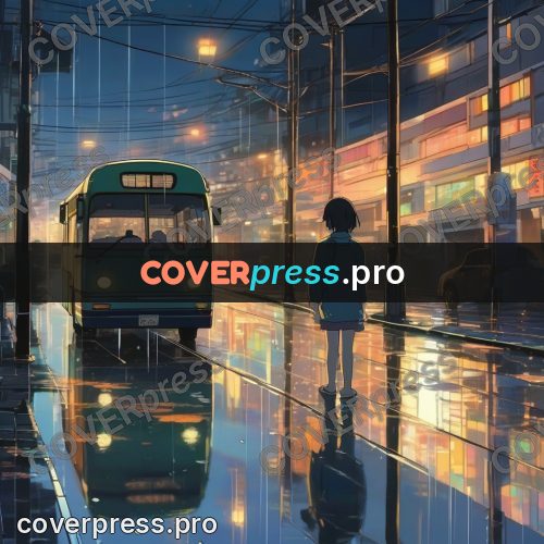Shinkai style anime landscape: bus on a wet street